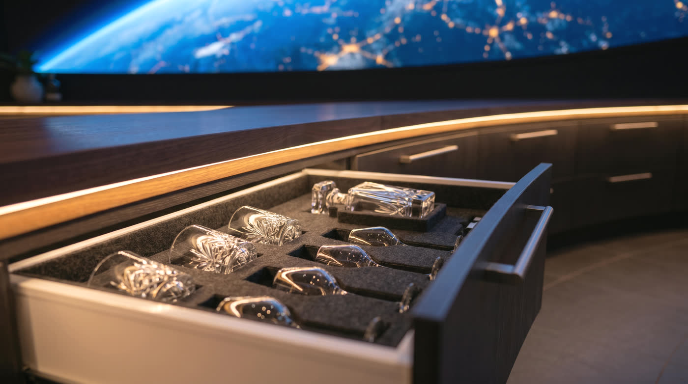 Felt-lined glassware drawer