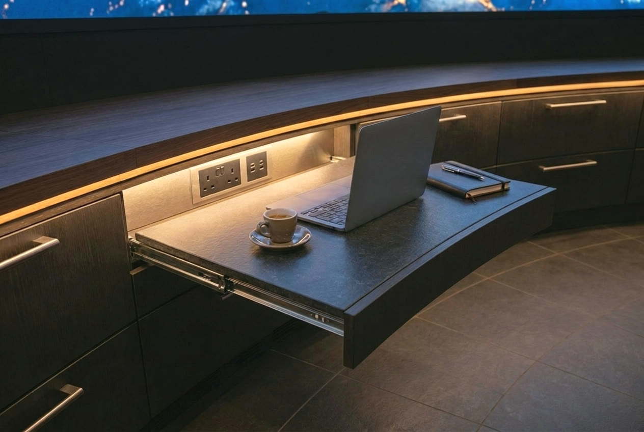 First-class style pull-out table extended from the console with concealed power