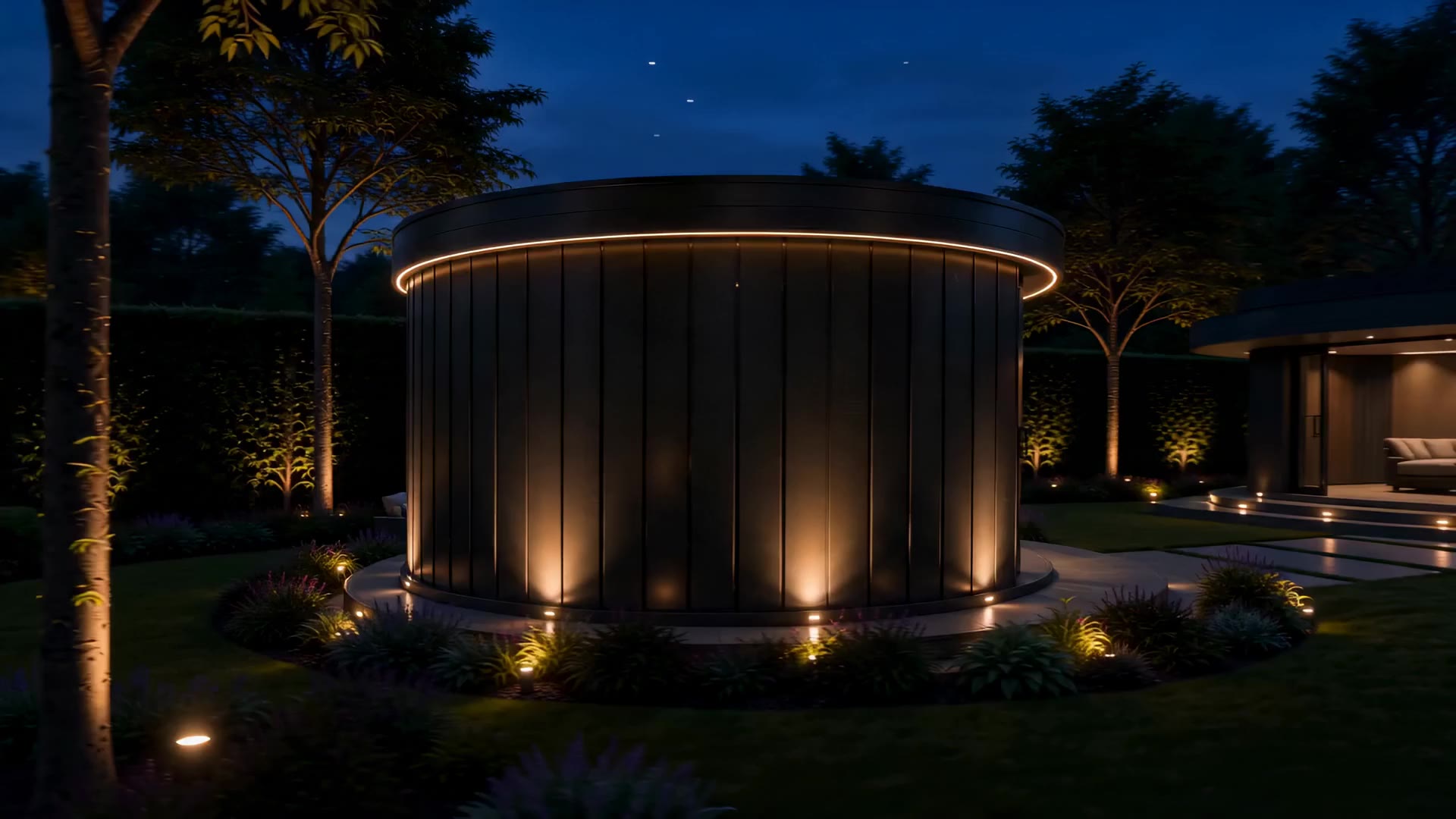 Nexus Halo Pod at night, doors open to the garden