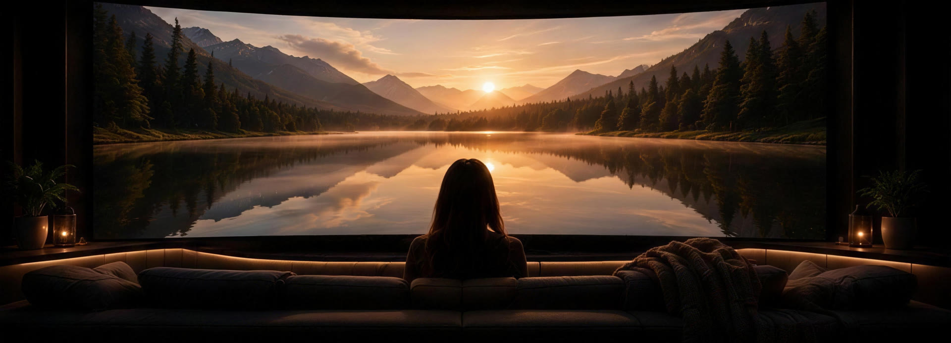 A calm lake at sunset on the screen