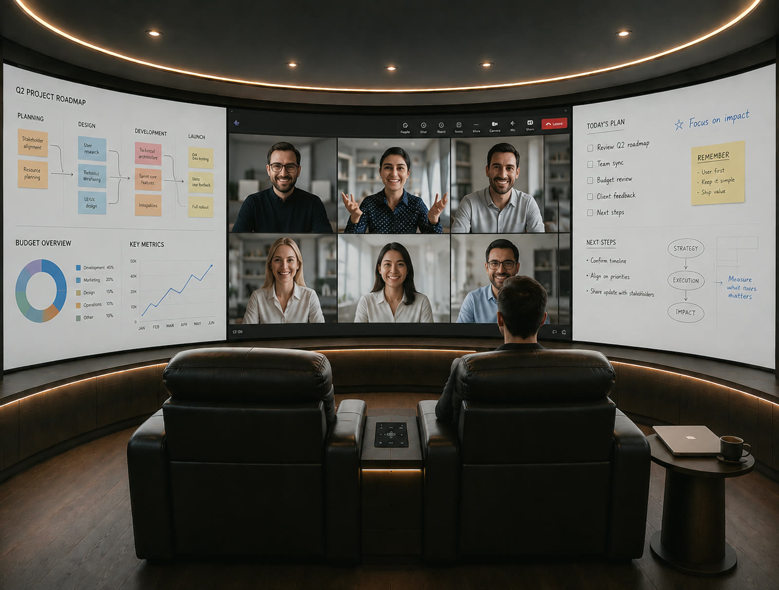 Garden office mode, a video meeting and planning boards across the curved screen