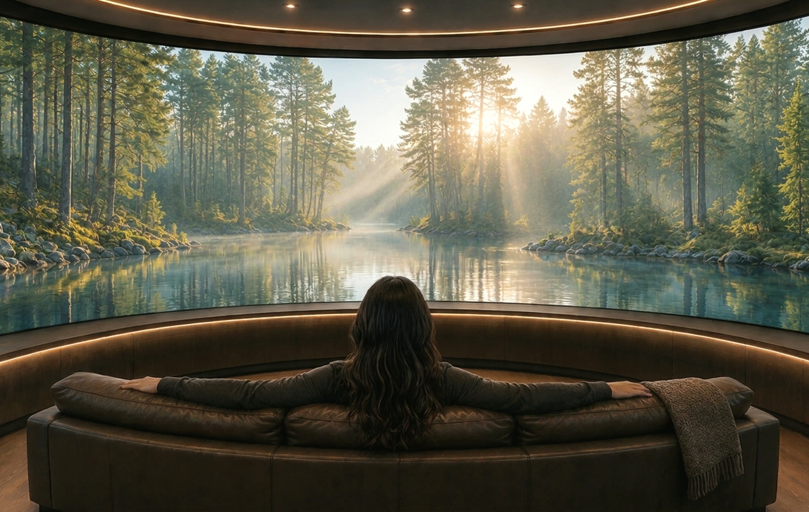 A misty forest lake wrapping the screen in a dimmed pod