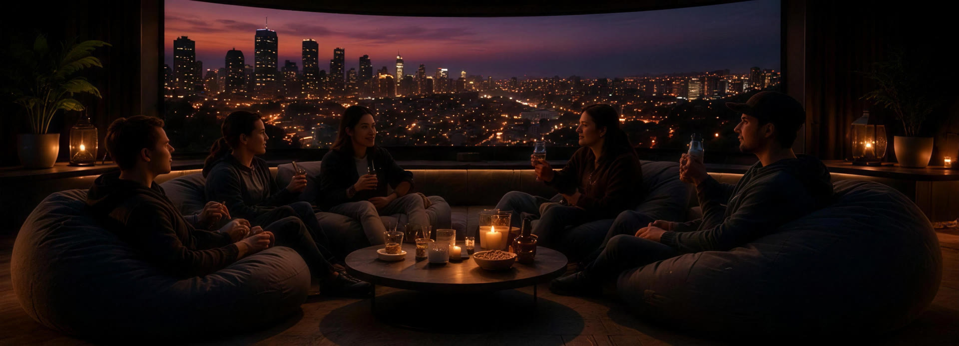 Friends gathered in the pod at night